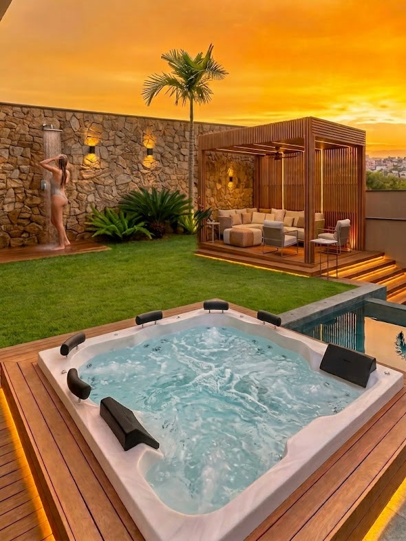 Spa de hidromassagem em deck de madeira com pergolado ao pôr do sol