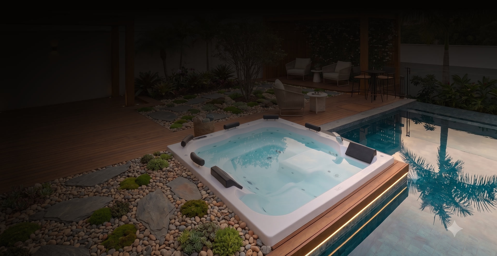 Spa de hidromassagem em área externa com deck de madeira e piscina